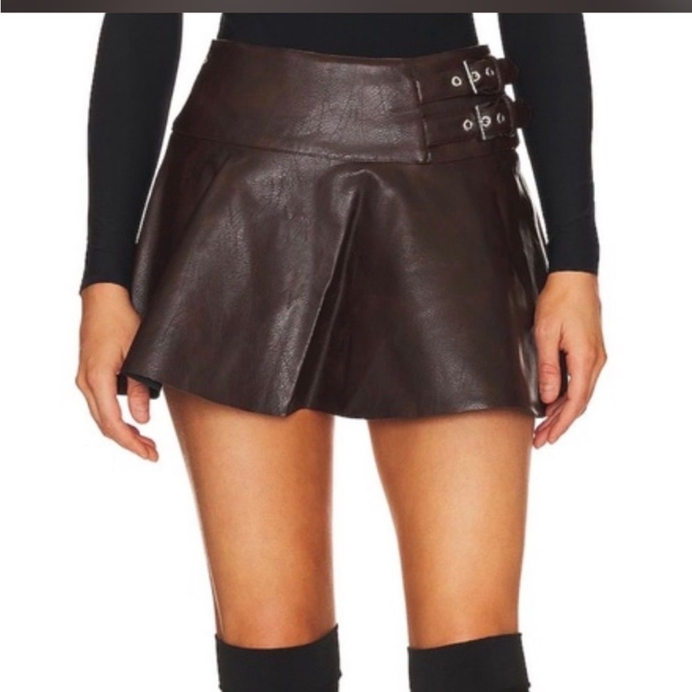 WeWoreWhat Brown Faux Leather Mini Skirt with Buckle Detail